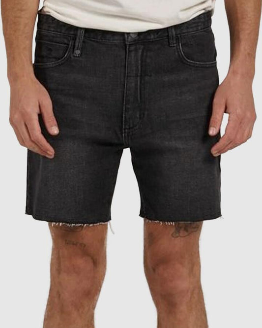 Image of a model wearing Shorts. Productname: Thrills - Mens Mandude Denim Shorts - Smoke Black - in Smoke Black colour by brand - Thrills