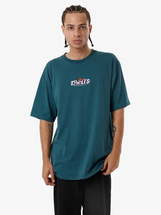 Image of a model wearing Tops. Productname: Thrills Mens Painless Oversized Fit T-Shirt Atlantic Deep - in Atlantic Deep colour by brand - Thrills