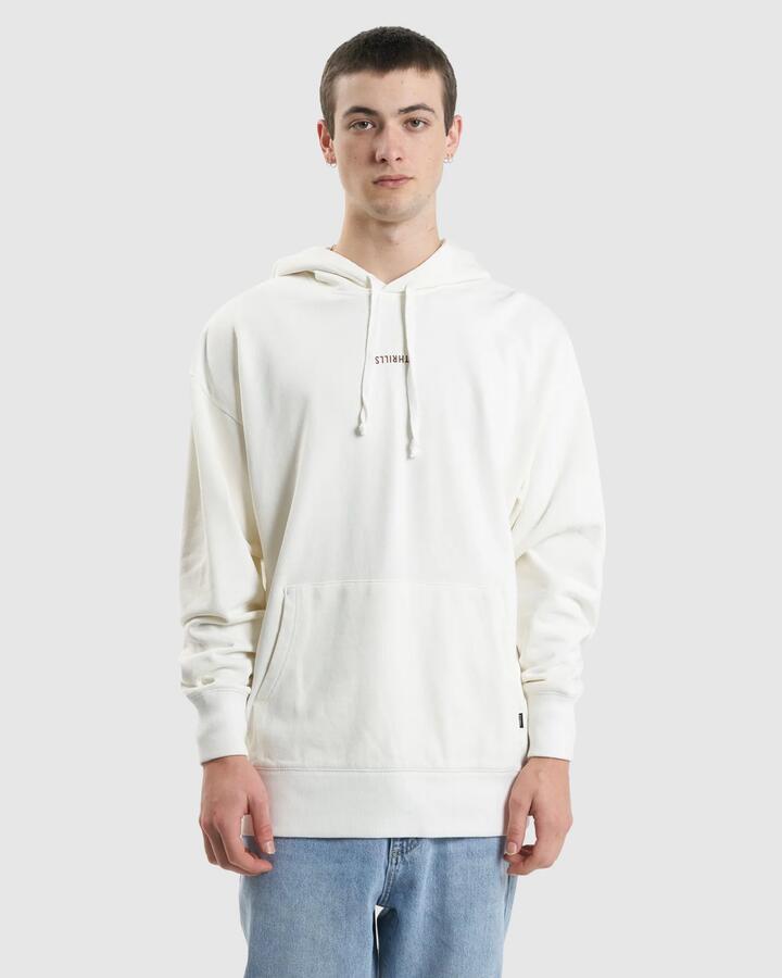 Image of a model wearing Outerwear. Productname: Thrills Mens Minimal Slouch Pullover Hoodie Tofu - in Tofu colour by brand - Thrills