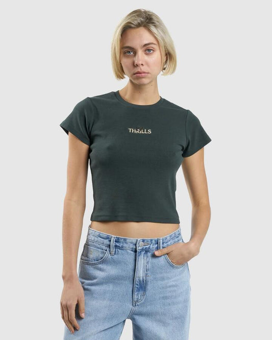 Image of a model wearing Tops. Productname: Thrills Womens Secret Garden Mini T-Shirt Deep Forest - in Deep Forest colour by brand - Thrills
