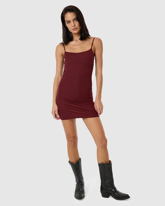 Image of Dresses. Productname: Thrills Womens Petra Mesh Mini Dress Dark Cherry - in Dark Cherry colour by brand - Thrills