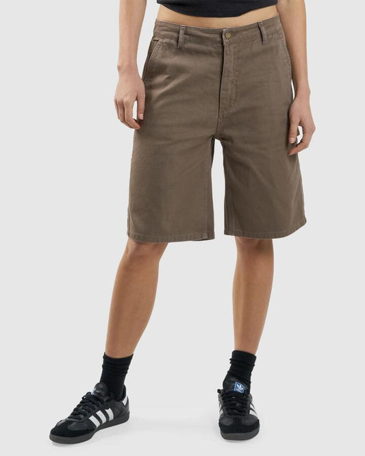Image of a model wearing Shorts. Productname: Thrills Womens Slouch Carpenter Twill Shorts Desert - in Desert colour by brand - Thrills