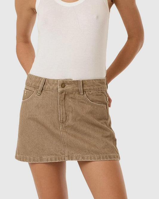 Image of a model wearing Skirts. Productname: Thrills Womens Sophie Mini Skirt Breen Stonewash - in Breen Stonewash colour by brand - Thrills