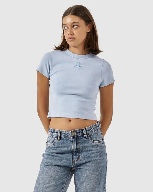 Image of a model wearing Tops. Productname: Thrills Womens Vision Of You Y2K T-Shirt Sky Blue - in Sky Blue colour by brand - Thrills