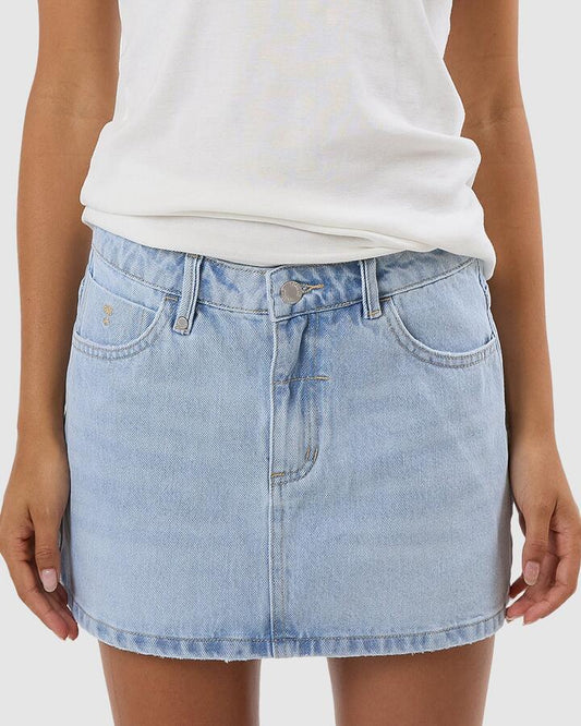 Image of a model wearing Skirts. Productname: Thrills Womens Sophie Denim Skirt Light Ash Blue - in Light Ash Blue colour by brand - Thrills