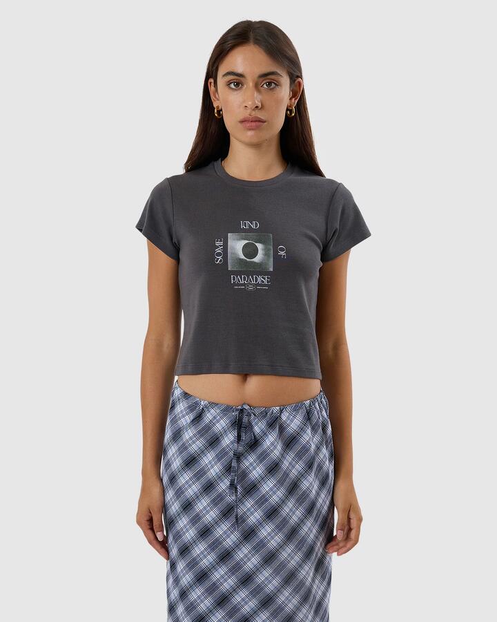 Image of a model wearing Tops. Productname: Thrills Womens Solar Flare Mini T-Shirt Merch Black - in Merch Black colour by brand - Thrills