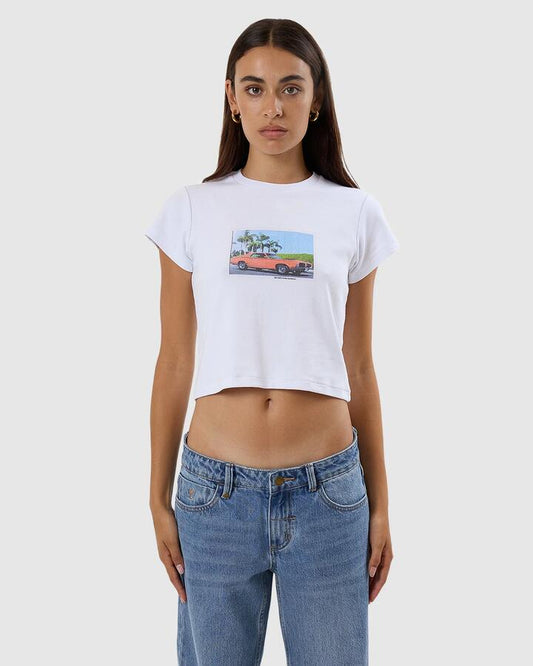 Image of a model wearing Tops. Productname: Thrills Womens Tribute To Chaos Mini T-Shirt White - in White colour by brand - Thrills