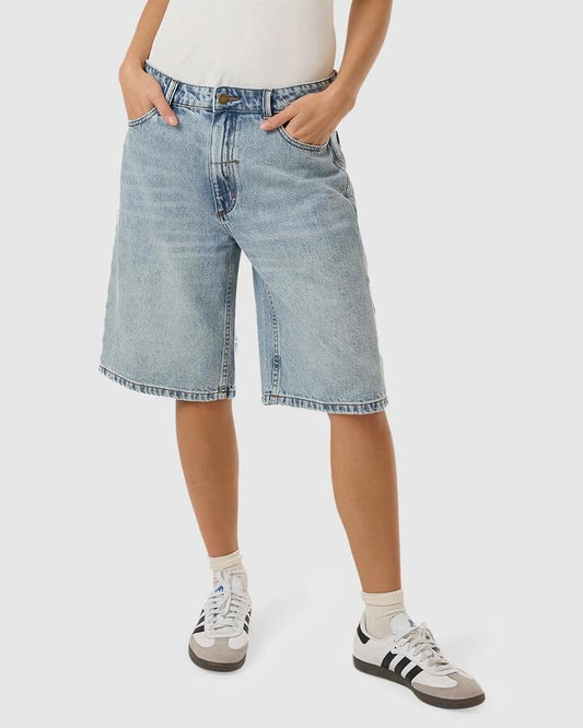 Image of a model wearing Shorts. Productname: Thrills Womens Syd Shorts Tainted Blue - in Tainted Blue colour by brand - Thrills