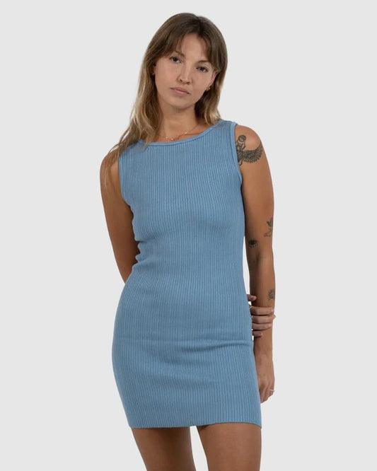 Image of Dresses. Productname: Thrills Womens Split Decision Knit Mini Dress Postal Blue - in Postal Blue colour by brand - Thrills