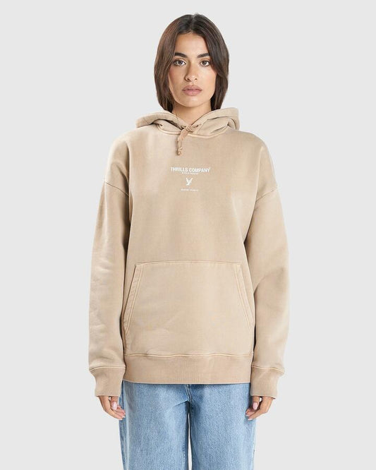 Image of a model wearing Outerwear. Productname: Thrills Womens Honour Slouch Pullover Hoodie Sand - in Sand colour by brand - Thrills