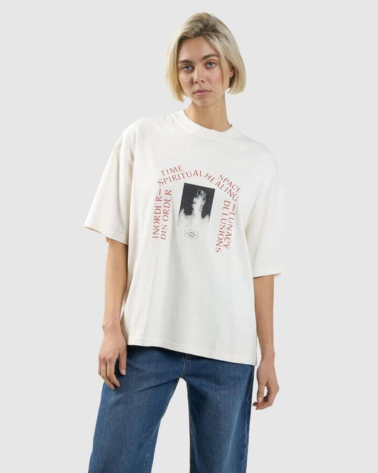 Image of a model wearing Tops. Productname: Thrills Womens Healing Delusions Oversized T-Shirt Heritage White - in Heritage White colour by brand - Thrills
