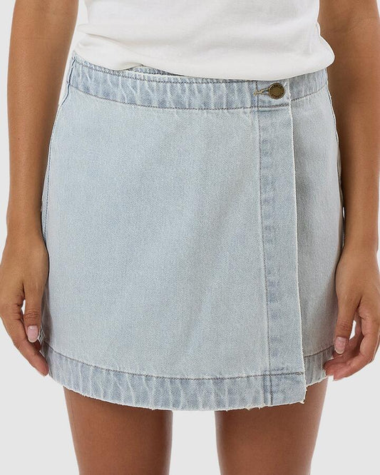 Image of a model wearing Skirts. Productname: Thrills Womens Marley Wrap Denim Skirt Dirty Fade - in Dirty Fade colour by brand - Thrills