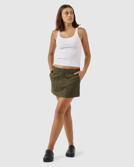 Image of a model wearing Skirts. Productname: Thrills Womens Mason Mini Skirt Tarmac - in Tarmac colour by brand - Thrills