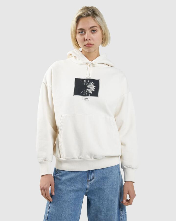 Image of a model wearing Outerwear. Productname: Thrills Womens Dark Lily Fleece Hoodie Heritage White - in Heritage White colour by brand - Thrills