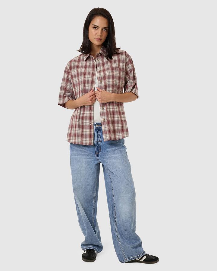 Image of a model wearing Tops. Productname: Thrills Womens Good Turn Short Sleeve Shirt Bracken - in Bracken colour by brand - Thrills