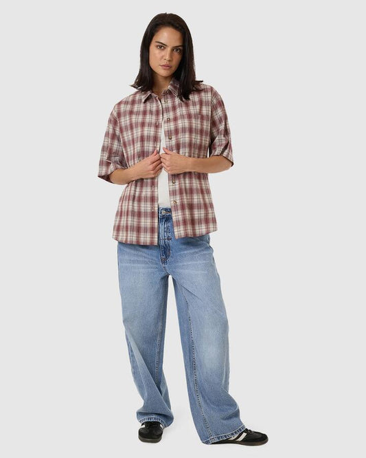 Image of a model wearing Tops. Productname: Thrills Womens Good Turn Short Sleeve Shirt Bracken - in Bracken colour by brand - Thrills