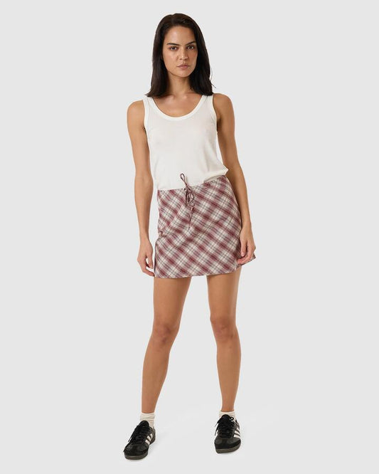 Image of a model wearing Skirts. Productname: Thrills Womens Good Turn Bias Mini Skirt Bracken - in Bracken colour by brand - Thrills