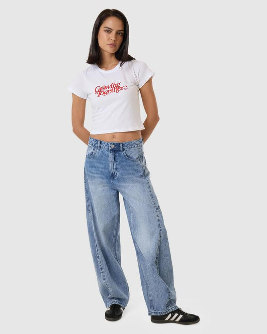 Image of a model wearing Tops. Productname: Thrills Womens Growing Together Mini T-Shirt White - in White colour by brand - Thrills