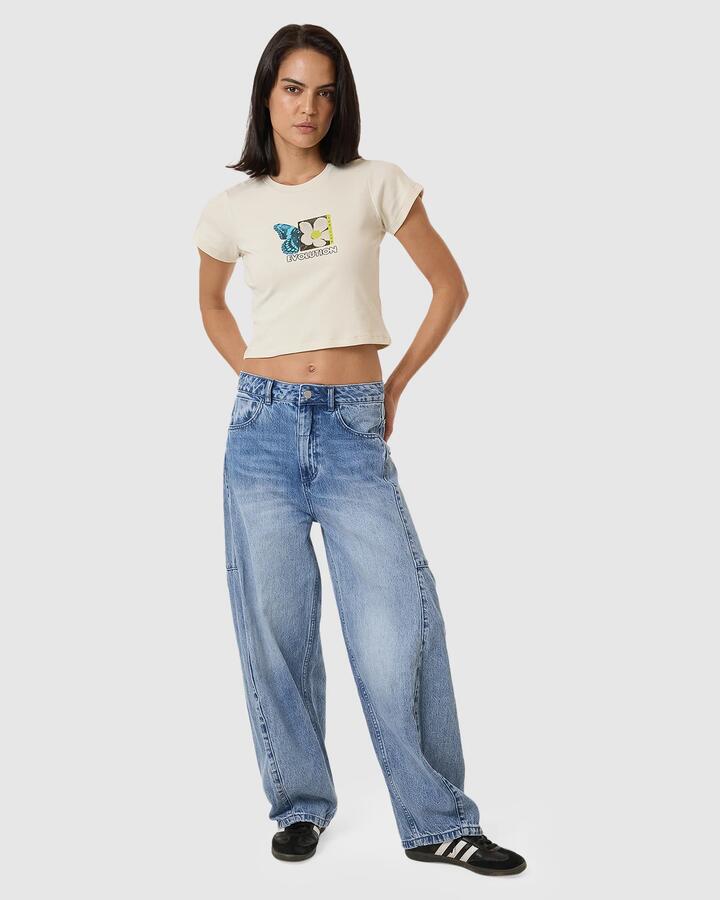 Image of a model wearing Tops. Productname: Thrills Womens Morphing Mini T-Shirt Heritage White - in Heritage White colour by brand - Thrills
