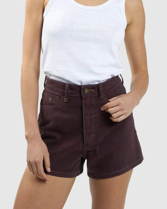 Image of a model wearing Shorts. Productname: Thrills Womens Erica Shorts Chocolate Plum - in Chocolate Plum colour by brand - Thrills