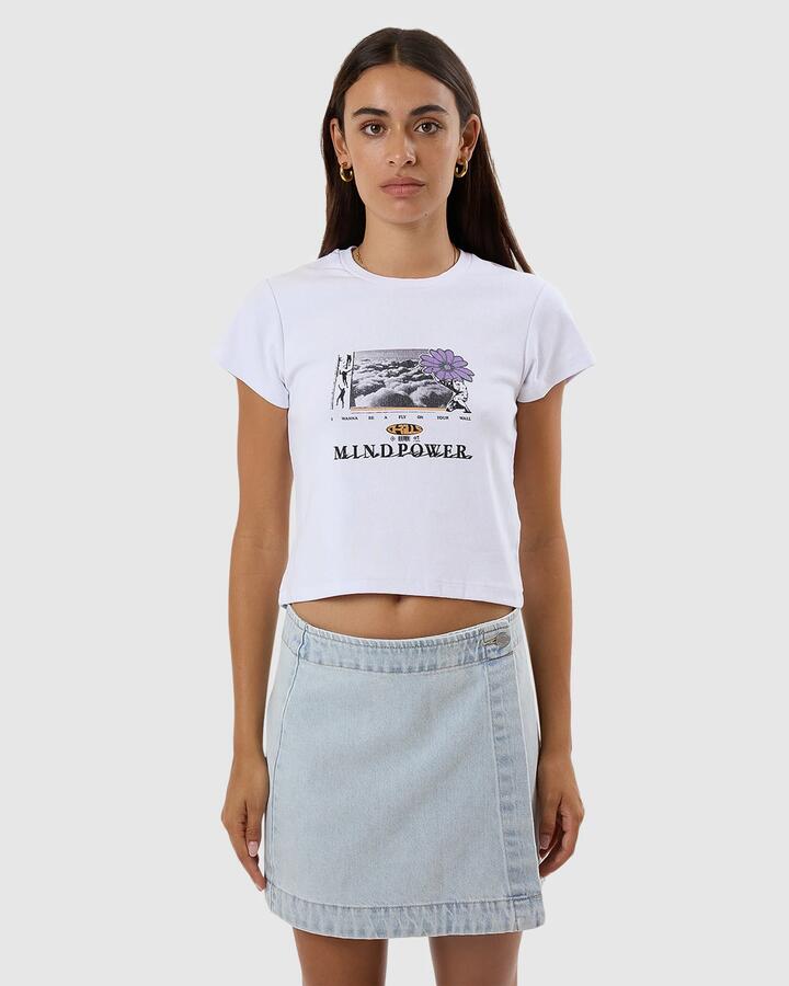 Image of a model wearing Tops. Productname: Thrills Womens Expansions Mini T-Shirt Heritage White - in Heritage White colour by brand - Thrills