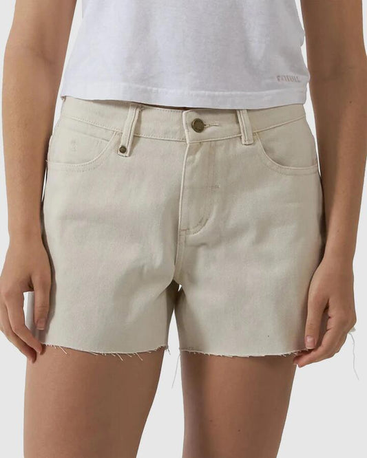 Image of a model wearing Shorts. Productname: Thrills Womens Erica Mid Rise Shorts Heritage White - in Heritage White colour by brand - Thrills