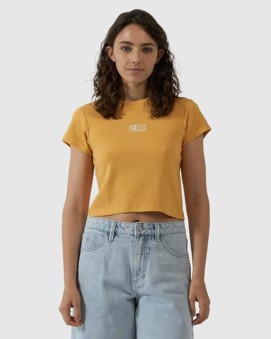 Image of a model wearing Tops. Productname: Thrills Womens Fisheye Mini T-Shirt Eureka - in Eureka colour by brand - Thrills