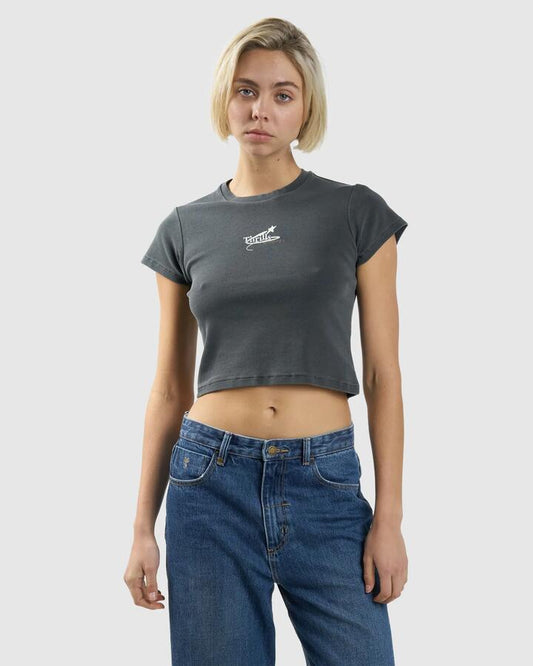 Image of a model wearing Tops. Productname: Thrills Womens Earths Vibrations Mini T-Shirt Merch Black - in Merch Black colour by brand - Thrills