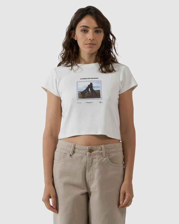Image of a model wearing Tops. Productname: Thrills Womens In Order And Disorder Mini T-Shirt Powder - in Powder colour by brand - Thrills