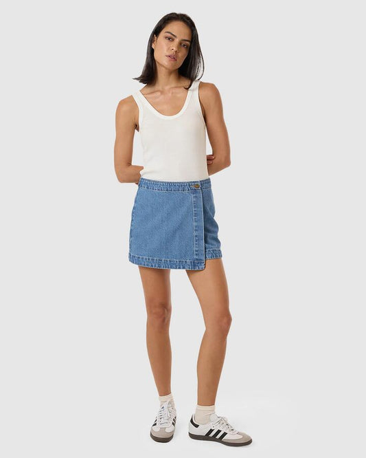 Image of a model wearing Skirts. Productname: Thrills Womens Marley Wrap Denim Skirt Long Ago Blue - in Long Ago Blue colour by brand - Thrills