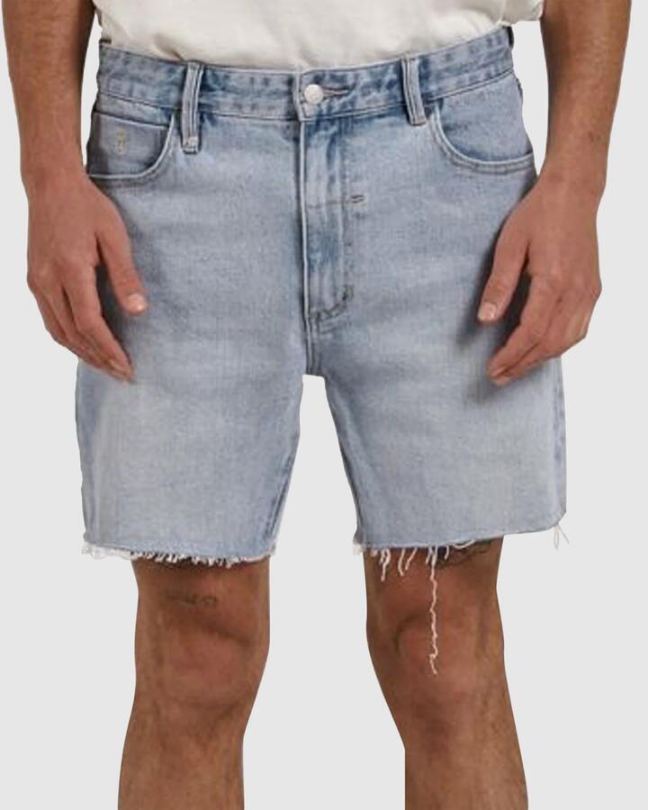 Image of a model wearing Shorts. Productname: Thrills Mens Mandude Denim Shorts Ash Blue - in Ash Blue colour by brand - Thrills