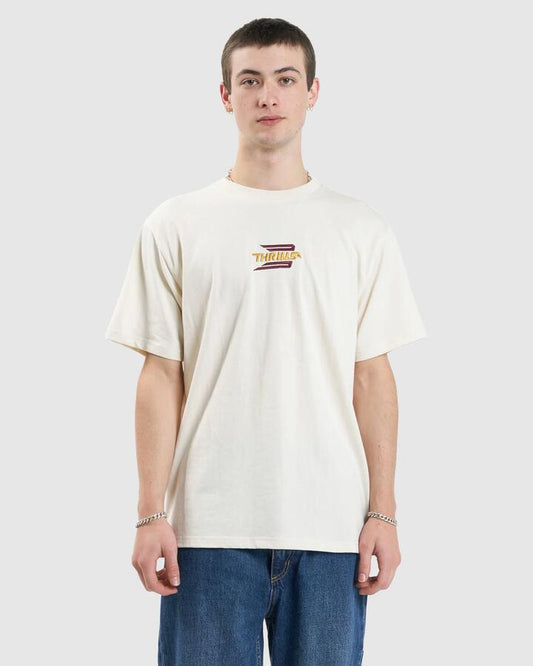 Image of a model wearing Tops. Productname: Thrills Mens Steadfast Merch Fit T-Shirt Unbleached - in Unbleached colour by brand - Thrills