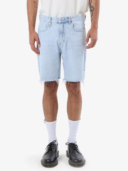 Image of a model wearing Shorts. Productname: Thrills Mens Bones Denim Shorts Light Ash Blue - in Light Ash Blue colour by brand - Thrills