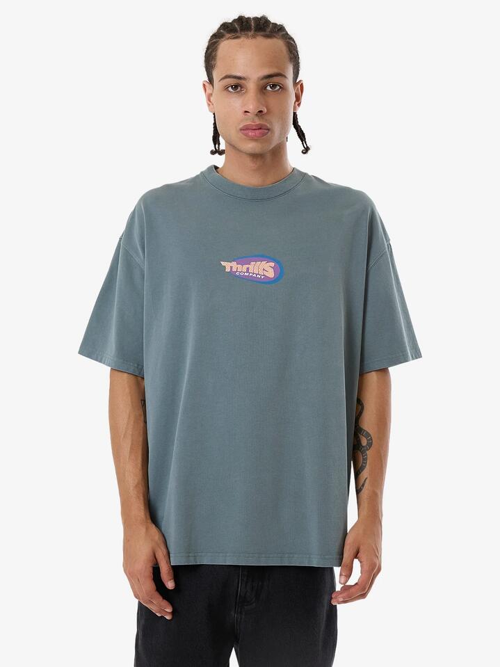 Image of a model wearing Tops. Productname: Thrills Mens Spiritual Magic Box Fit Oversized T-Shirt Stormy Sea - in Stormy Sea colour by brand - Thrills