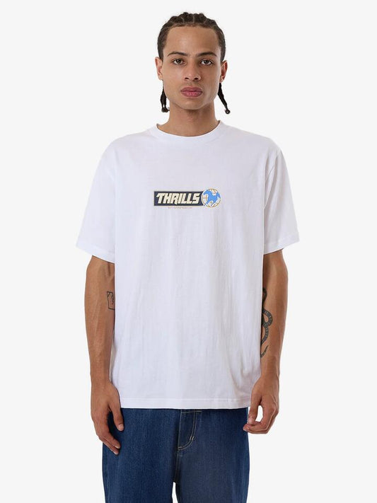 Image of a model wearing Tops. Productname: Thrills Mens Especial Merch Fit T-Shirt White - in White colour by brand - Thrills