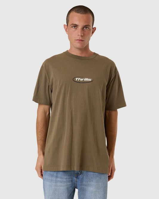 Image of a model wearing Tops. Productname: Thrills Mens Pharm Merch Fit T-Shirt Desert - in Desert colour by brand - Thrills