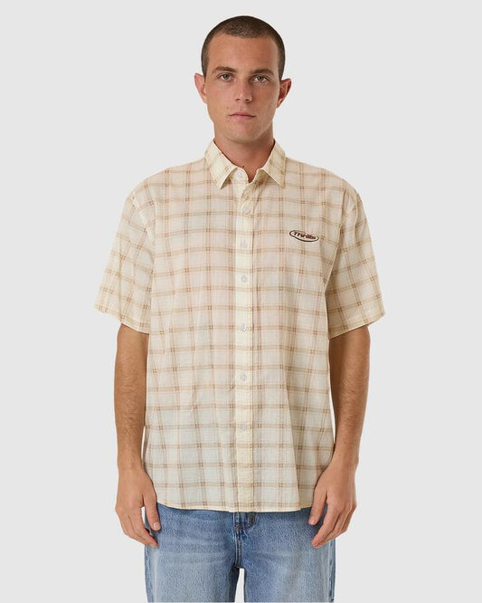 Image of a model wearing Tops. Productname: Thrills Mens Pharm Short Sleeve Shirt Desert - in Desert colour by brand - Thrills