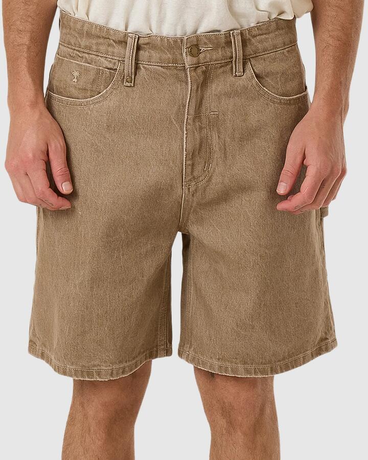 Image of a model wearing Shorts. Productname: Thrills Mens Slacker Denim Shorts Breen Stonewash - in Breen Stonewash colour by brand - Thrills