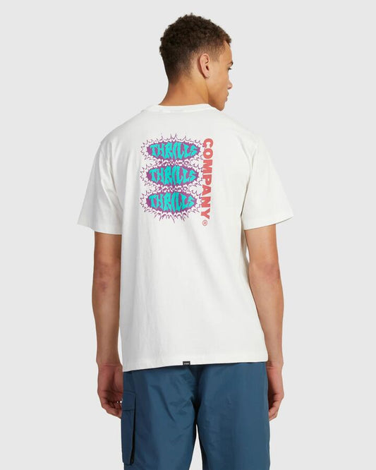 Image of a model wearing Tops. Productname: Thrills Mens Plasma Dream Merch Fit T-Shirt Dirty White - in Dirty White colour by brand - Thrills