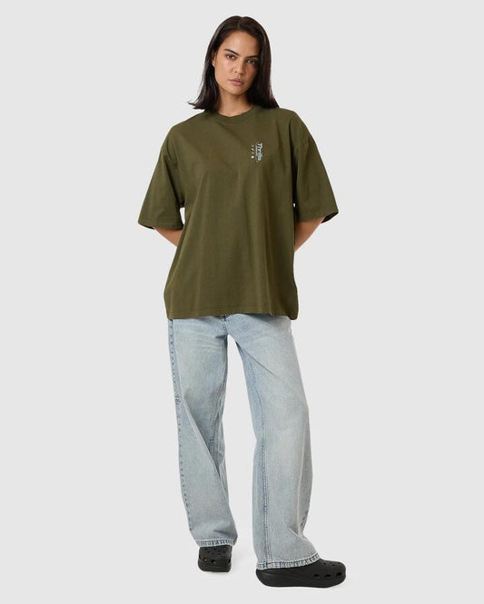 Image of a model wearing Tops. Productname: Thrills Womens Spirit Of Reality Oversized T-Shirt Burnt Olive - in Burnt Olive colour by brand - Thrills