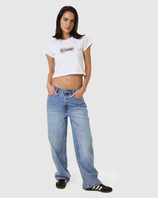 Image of a model wearing Tops. Productname: Thrills Womens Paradise Wheels Mini T-Shirt White - in White colour by brand - Thrills