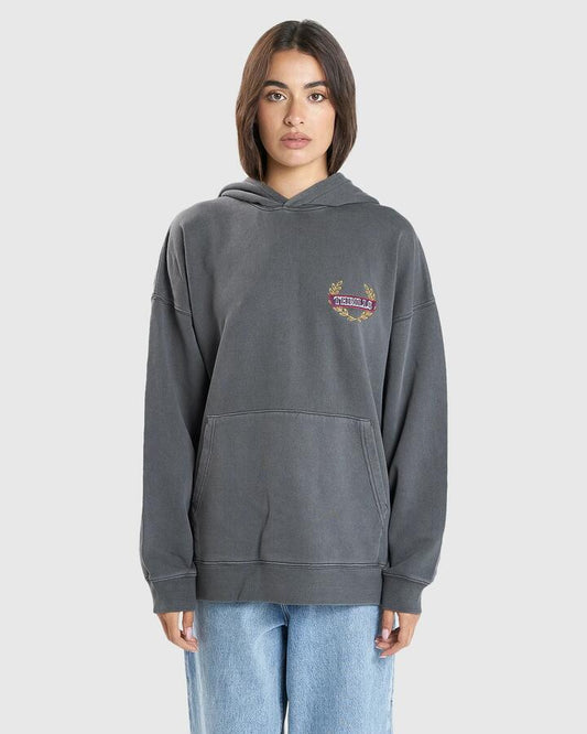 Image of a model wearing Outerwear. Productname: Thrills Womens Built For Speed Cocoon Panel Pullover Hoodie Merch Black - in Merch Black colour by brand - Thrills