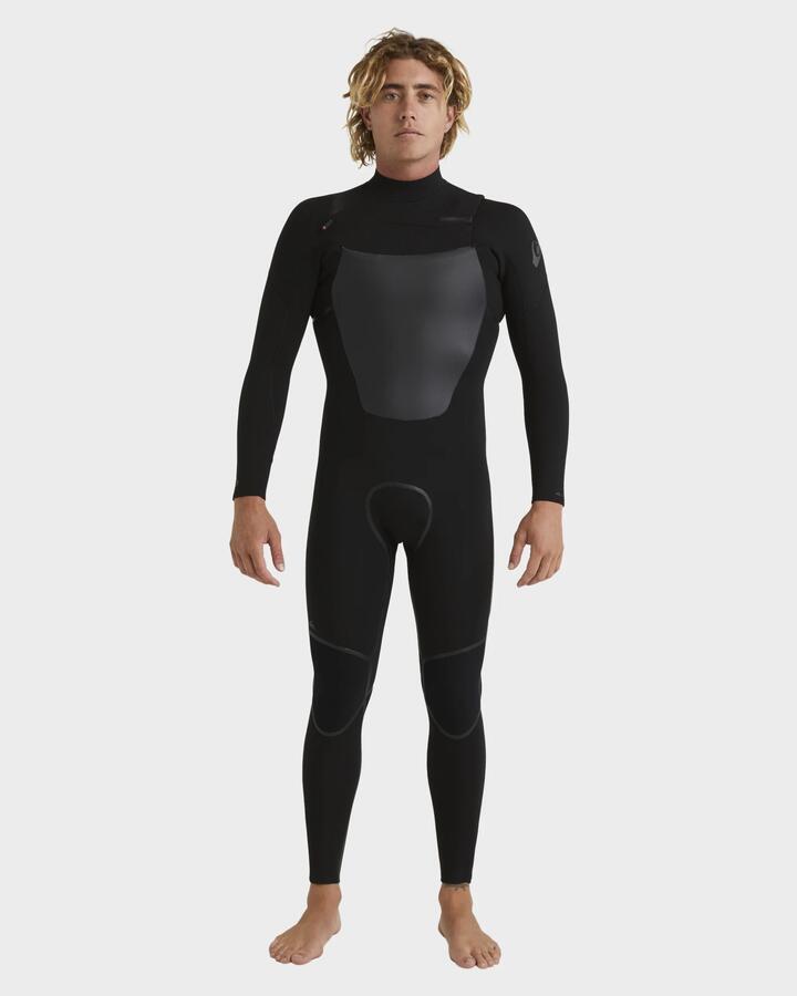 Image of a model wearing Tops. Productname: Quiksilver Mens 4/3Mm Marathon Sessions Chest Zip Wetsuit Black - in Black colour by brand - Quiksilver