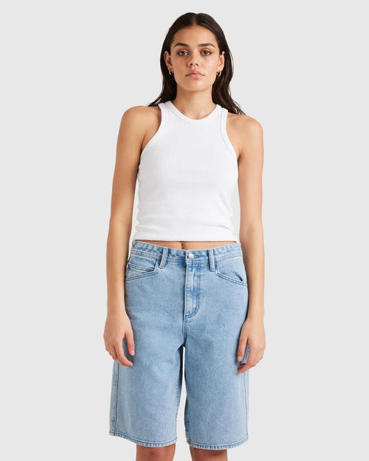 Image of a model wearing Shorts. Productname: RVCA - Womens Chainmail Denim Shorts - Light Blue Denim - in Light Blue Denim colour by brand - RVCA