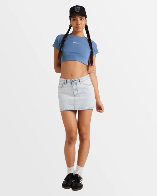 Image of a model wearing Skirts. Productname: RVCA - Womens Mini Denim Skirt - Ash Blue - in Ash Blue colour by brand - RVCA