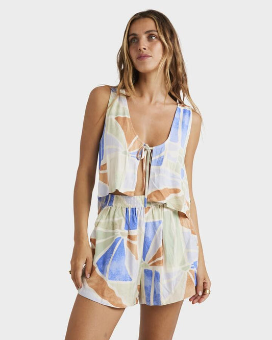 Image of a model wearing Tops. Productname: Billabong - Womens Mystic Tide Crop Top - Multi - in Multi colour by brand - Billabong