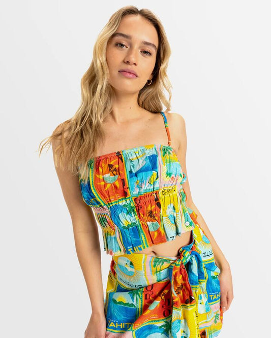 Image of a model wearing Tops. Productname: Roxy - Womens Atlas Palmy Daze Top - Atlas Atlas Print - in Atlas Atlas Print colour by brand - Roxy