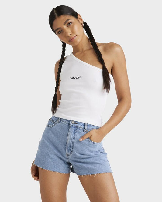 Image of a model wearing Tops. Productname: RVCA - Womens Asym Tank Top - White - in White colour by brand - RVCA