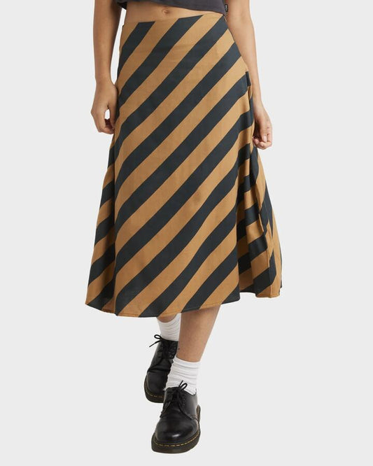 Image of a model wearing Skirts. Productname: RVCA - Womens Milspec Stripe Annika Midi Skirt - Camel - in Camel colour by brand - RVCA