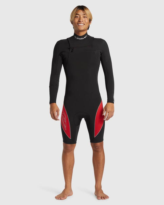 Image of a model wearing Tops. Productname: Quiksilver Mens 2/2Mm Highline Chest Gbs Zip Wetsuit High Risk Red - in High Risk Red colour by brand - Quiksilver